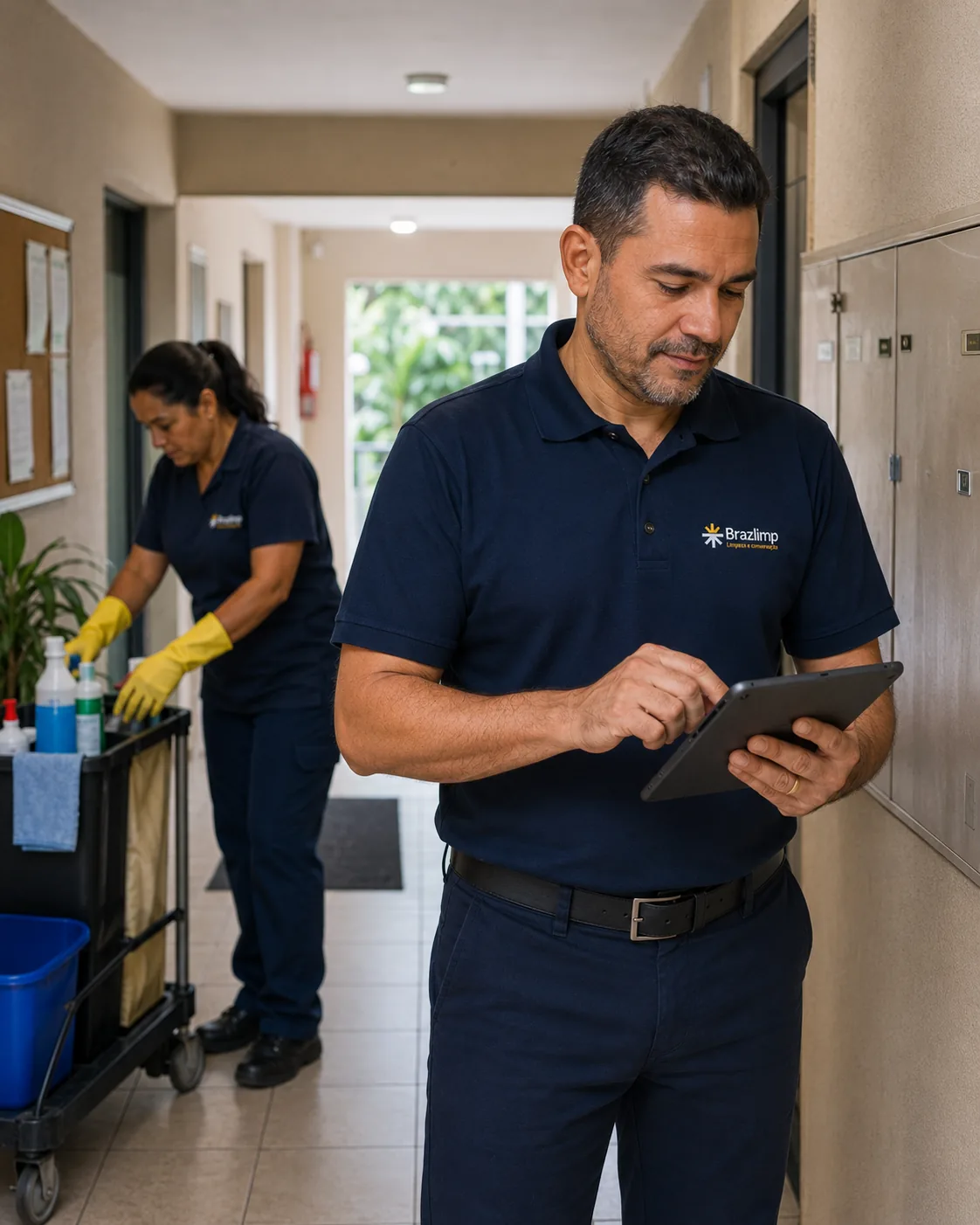 Supervisor da Brazlimp acompanhando serviço em campo com tablet